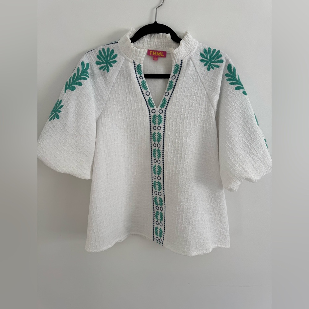 THML White Blouse with Green Embroidery